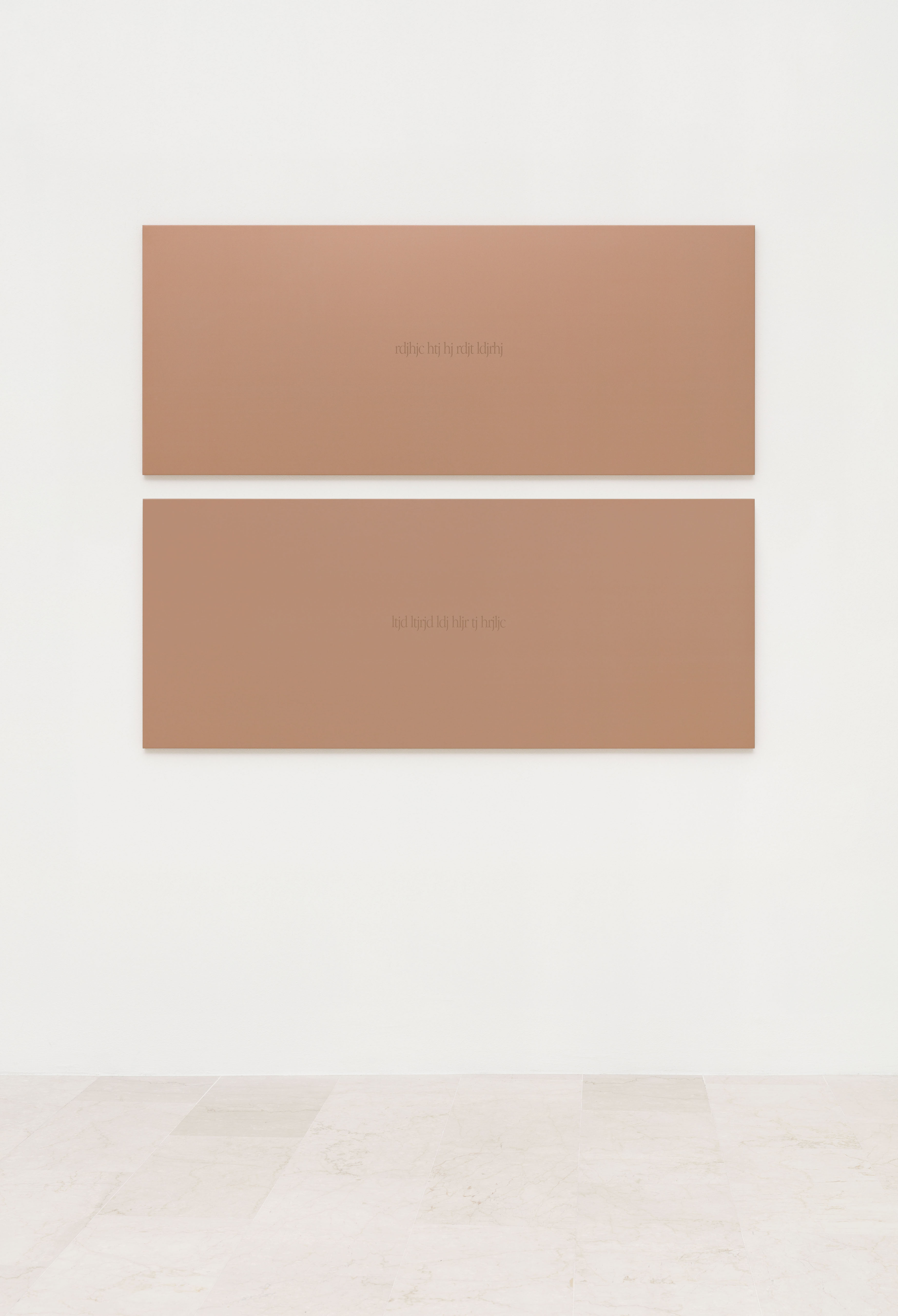 Irma Blank, Global Writings, La lingua ritrovata, poesia minima, 29-2-2004, digital writing and silkscreen print on copper-coated aluminium, diptych, 63 x154 cm each, 2004